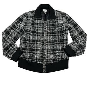 Chico's Tweed Bomber Jacket Womens Size 1 Black White Excellent Metallic Zip